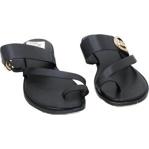 Michael Kors Vera Toe-Ring Slide Sandals Black Gold Logo Women's US 7.5M